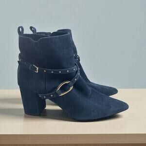 White House Black Market Devon Blue Suede Ankle Bootie Side Buckle Chic Sz 9.5
